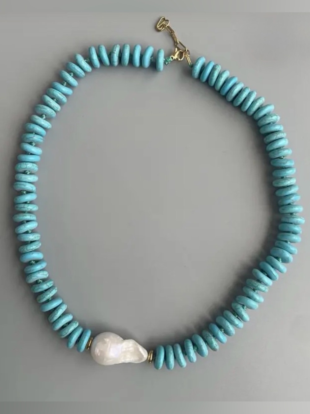 Turquoise Disc Beaded Necklace, Baroque Pearl Center, Boho Statement Jewelry